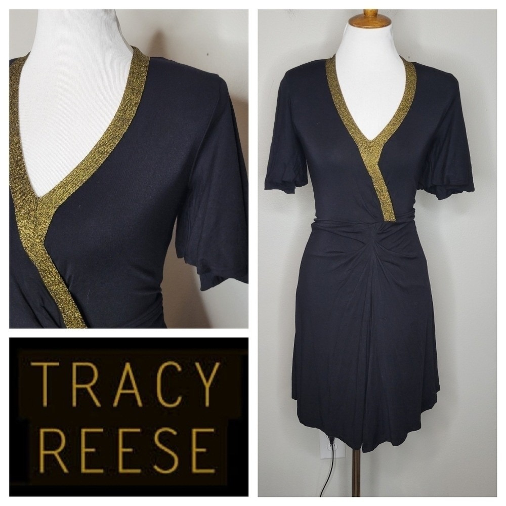 Tracy Reese Women Black Gold‎ Trimmed V Neck Wrap Style Knit Dress Size S